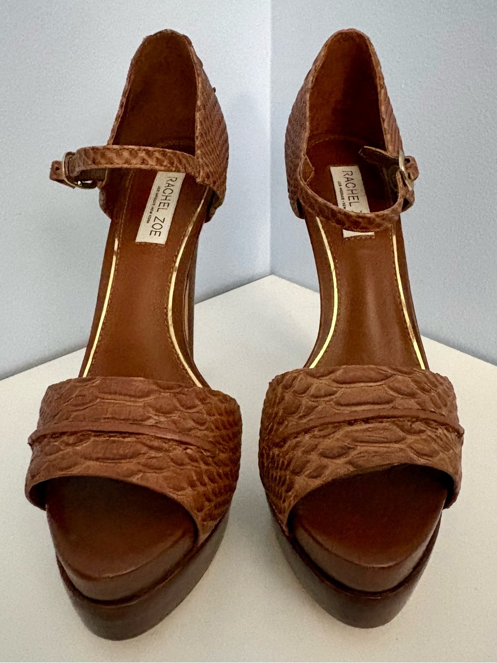 NEW Rachel Zoe Brown Textured Leather Platform Sandals with Ankle Strap 8.5